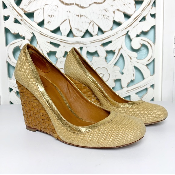 Tory Burch Shoes - Tory Burch Bovary Gold Logo Round Toe Wicker Wedge